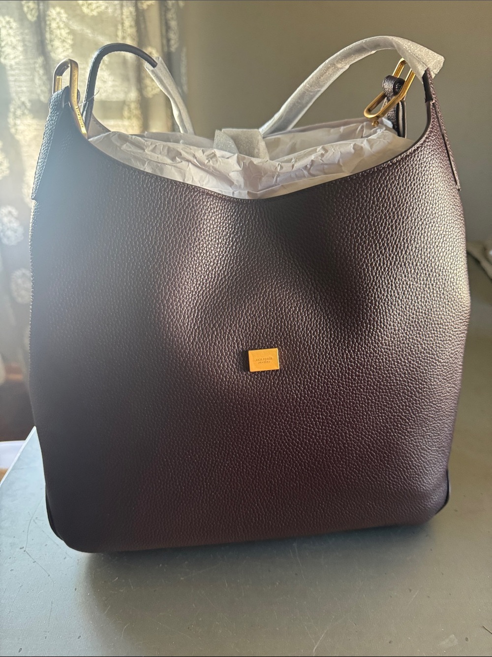 Kate Spade Pebbled Shoulder Tote in BlackBerry with Gold Accent